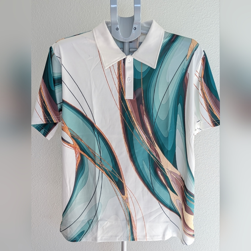 Men’s Short Sleeve Polo Shirt | Abstract Marble Print in Teal & White